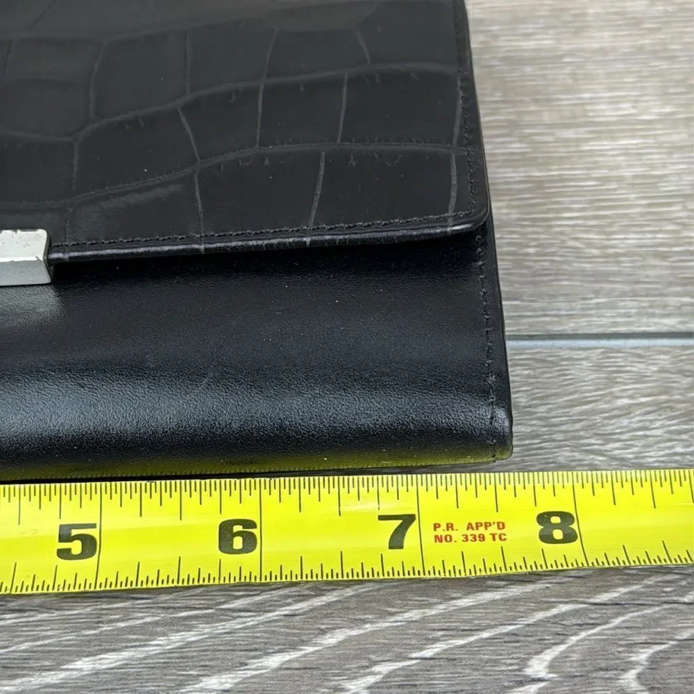 Fossil Black Avenue Croc-Embossed Leather Snap Open Tri-Fold Clutch Wallet